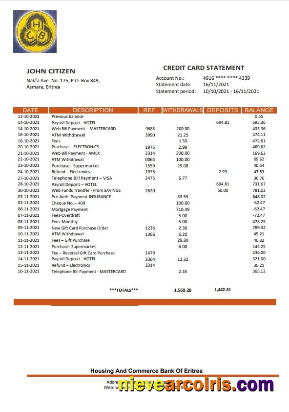 Eritrea Housing and Commerce bank statement, Word and PDF format